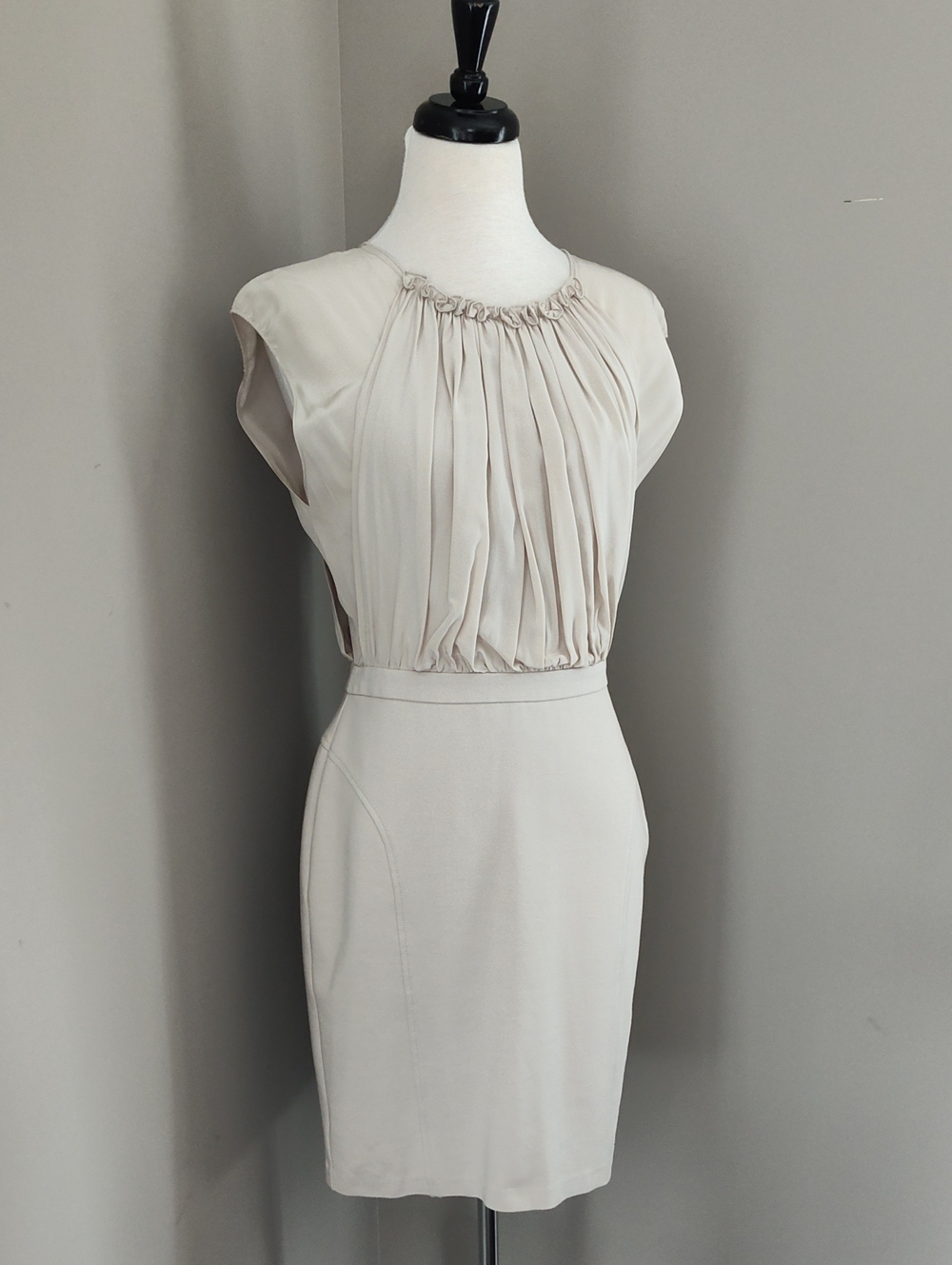 Trina Turk Cream Taupe Pleated Crepe Fabric  Sheath Designer Midi Dress